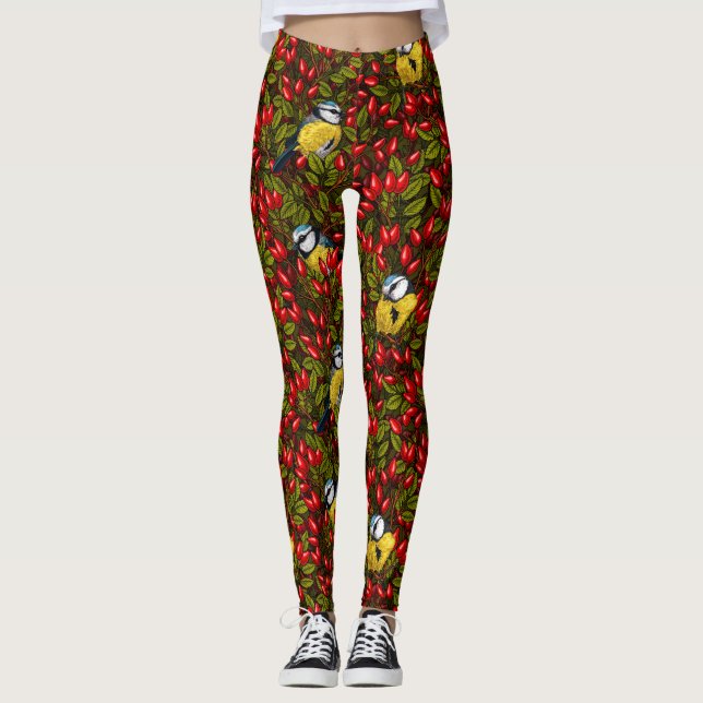 Fåglar och höfter, grönt och rött vid ro leggings (Framsida)