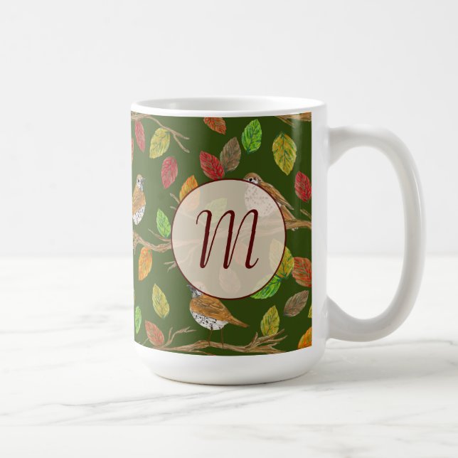 Fåglar och höstlöv anpassad initialmonogram kaffemugg (Höger)