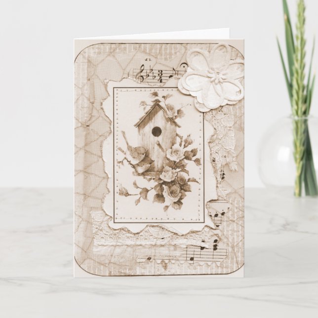 Fåglar och husshabby chic kort (Framsida)