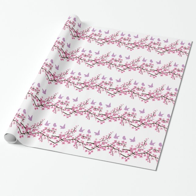 Fåglar och körsbärblommar presentpapper (Utrullad)