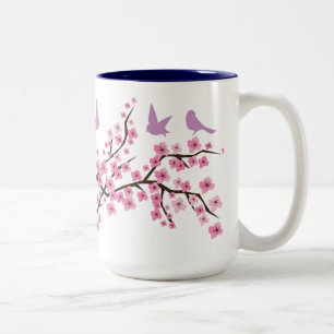 Fåglar och körsbärblommar Två-Tonad mugg