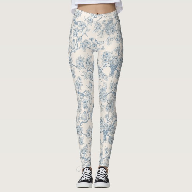 Fåglar och körsbärsblom i blått och off-white leggings (Framsida)