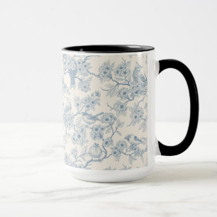 Fåglar och körsbärsblom i blått och offwhite mugg