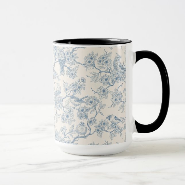Fåglar och körsbärsblom i blått och offwhite mugg (Höger)