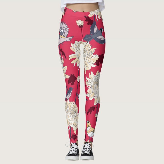 Fåglar och krysantemum: Vintagen Blommigt Leggings (Framsida)