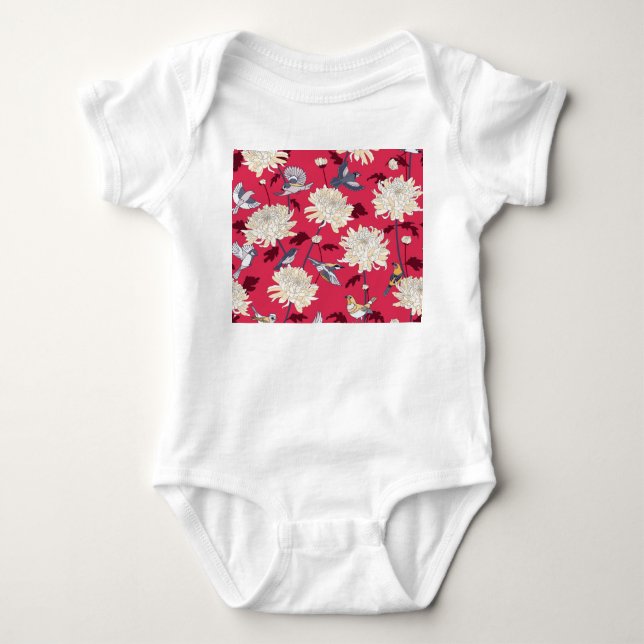 Fåglar och krysantemum: Vintagen Blommigt T Shirt (Framsida)