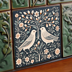 Fåglar och Livets träd Blue Orange Art nouveau Kakelplatta