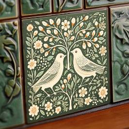 Fåglar och Livets träd Grönt Art nouveau Kakelplatta