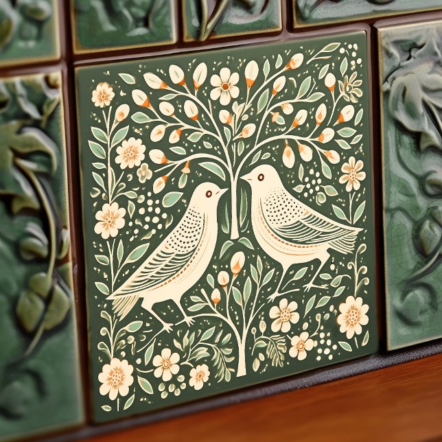 Fåglar och Livets träd Grönt Art nouveau Kakelplatta (Skapare uppladdad)
