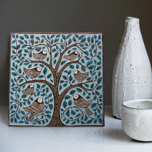 Fåglar och Livets träd Mute Blue Art nouveau Kakelplatta
