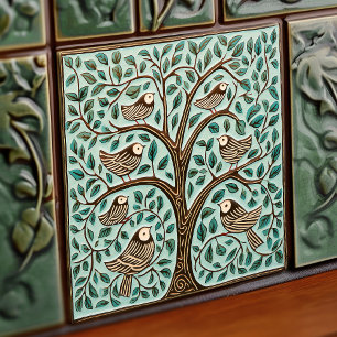 Fåglar och Livets träd Sage Grönt Art nouveau Kakelplatta