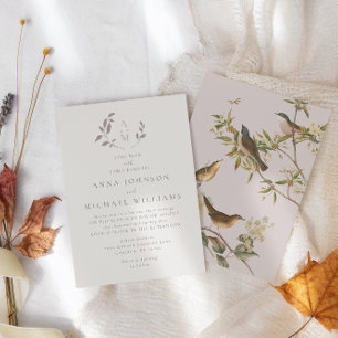 Fåglar och löv romantisk beige   ROSA BRÖLLOP Inbjudningar