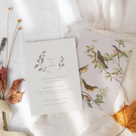 Fåglar och löv, rosa | Spara datum för beige Inbjudningar