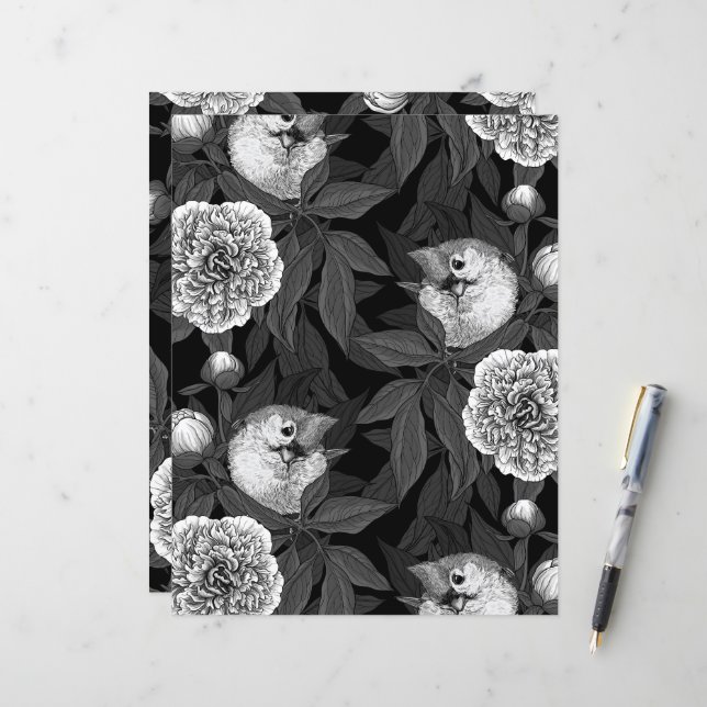 Fåglar och päronblommor, monokrom, grått (Fram/Back In Situ)