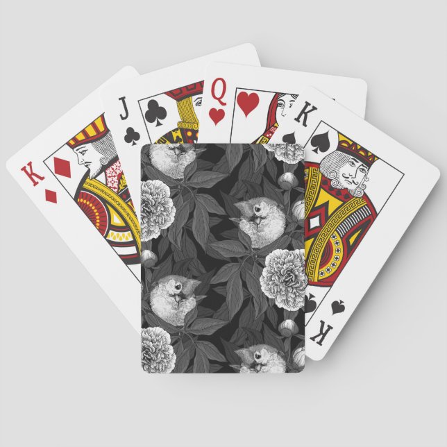 Fåglar och päronblommor, monokrom, grått casinokort (Baksidan)