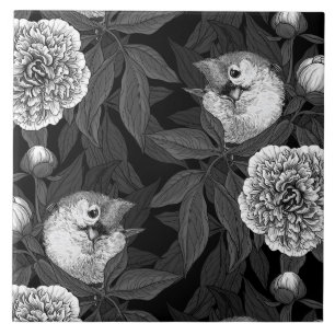Fåglar och päronblommor, monokrom, grått kakelplatta