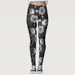 Fåglar och päronblommor, monokrom, grått leggings