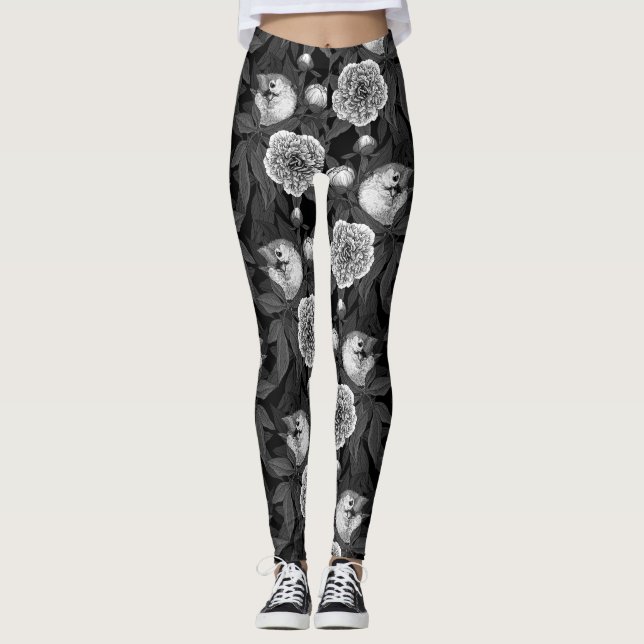Fåglar och päronblommor, monokrom, grått leggings (Framsida)