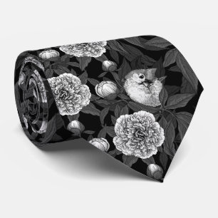 Fåglar och päronblommor, monokrom, grått slips