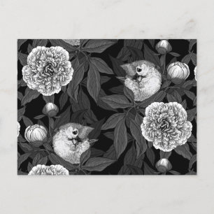 Fåglar och päronblommor, monokrom, grått vykort