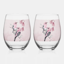 Fåglar och Rosa Blommigtar i vattenfärg