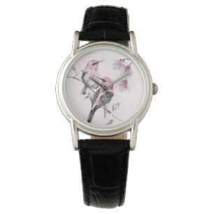 Fåglar och Rosa Blommigtar i vattenfärg Armbandsur