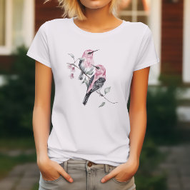 Fåglar och Rosa Blommigtar i vattenfärg T Shirt
