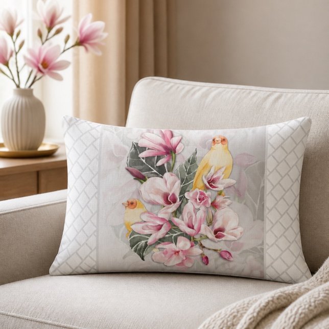 Fåglar och rosa magnoliablommor lumbarkudde (Skapare uppladdad)