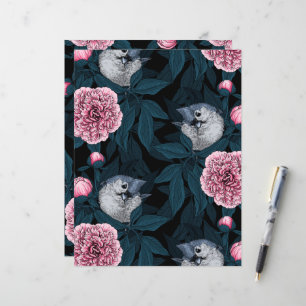 Fåglar och rosa peoniblommor med blad