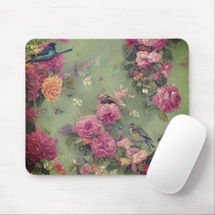 Fåglar och Rosa ros Vintage Blommigt Sage Grönt Musmatta