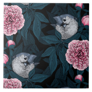 Fåglar och rosa småblommor med löv kakelplatta