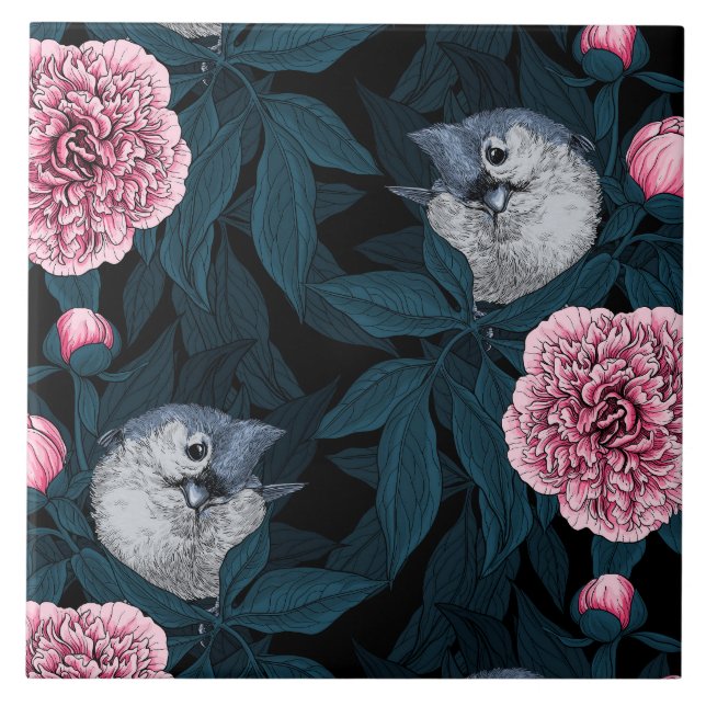 Fåglar och rosa småblommor med löv kakelplatta (Framsidan)