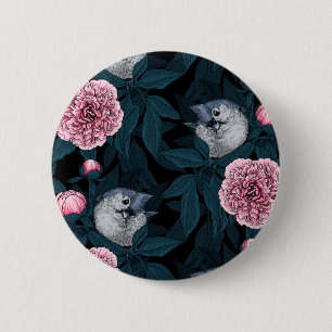 Fåglar och rosa småblommor med löv knapp