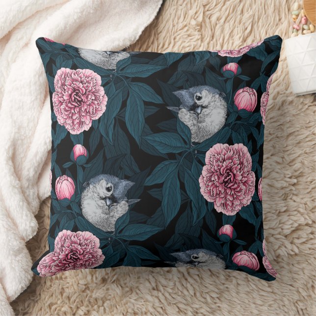 Fåglar och rosa småblommor med löv kudde (Filt)