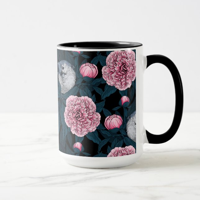 Fåglar och rosa småblommor med löv mugg (Höger)