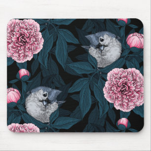 Fåglar och rosa småblommor med löv musmatta