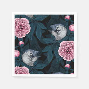 Fåglar och rosa småblommor med löv pappersservett