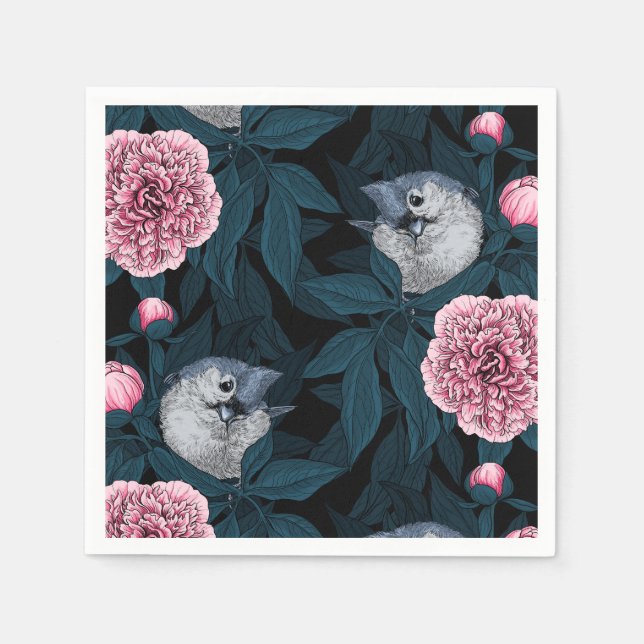 Fåglar och rosa småblommor med löv pappersservett (Framsidan)