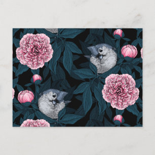 Fåglar och rosa småblommor med löv vykort