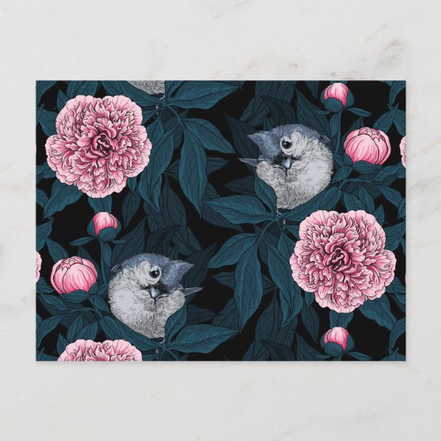 Fåglar och rosa småblommor med löv vykort (Framsida)