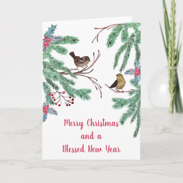 Fåglar och Ständigt Gröna Blad Bär Jul Helgkort (Framsida)