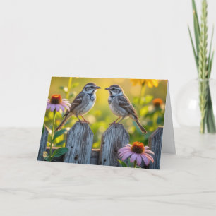 Fåglar och stenblommor på ett trästängsel kort