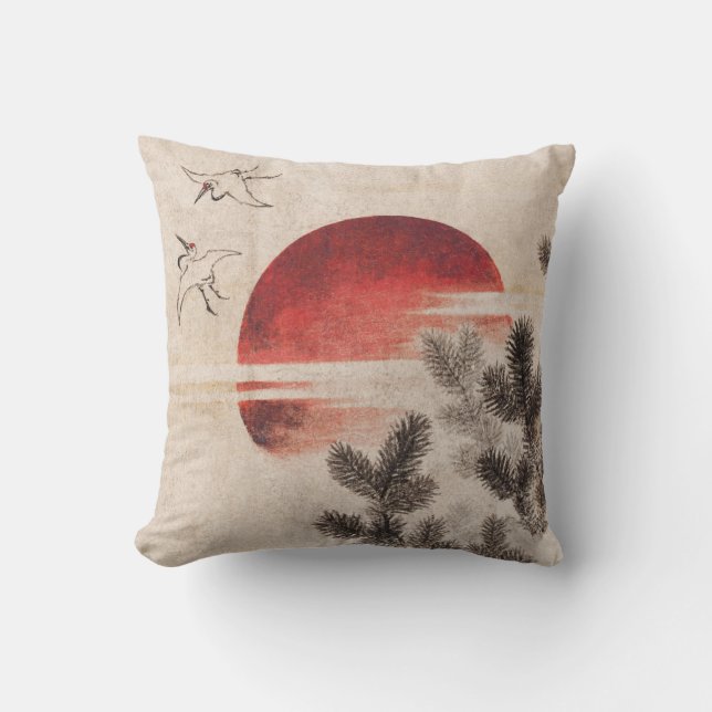 Fåglar och Sunset av Katsushika Hokusai Kudde (Framsida)