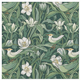 Fåglar och tulpaner Grönt Art nouveau Tyg
