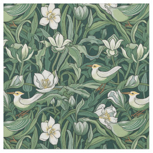 Fåglar och tulpaner Grönt Art nouveau Tyg