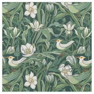 Fåglar och tulpaner Grönt Art nouveau Tyg