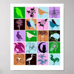 Fåglar och växter Silhouette Animal Collage Art Poster