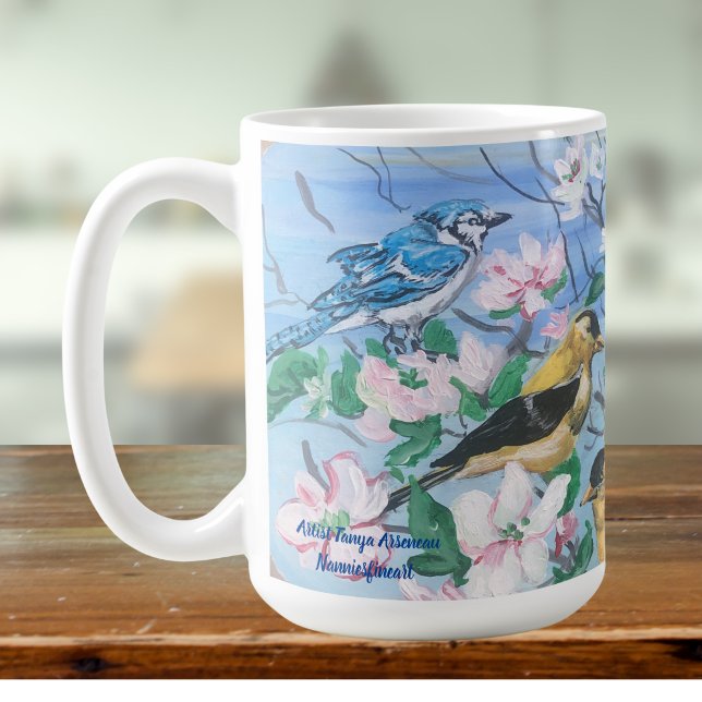 Fåglar på bakgården Handmålad konst Kaffemugg (A bird watchers Mug)