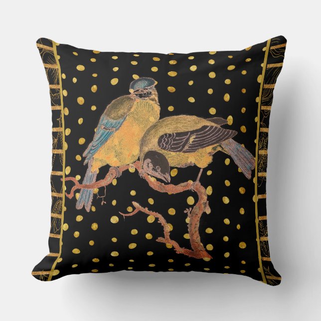 Fåglar på Black Guld Polka dots Kudde (Framsida)