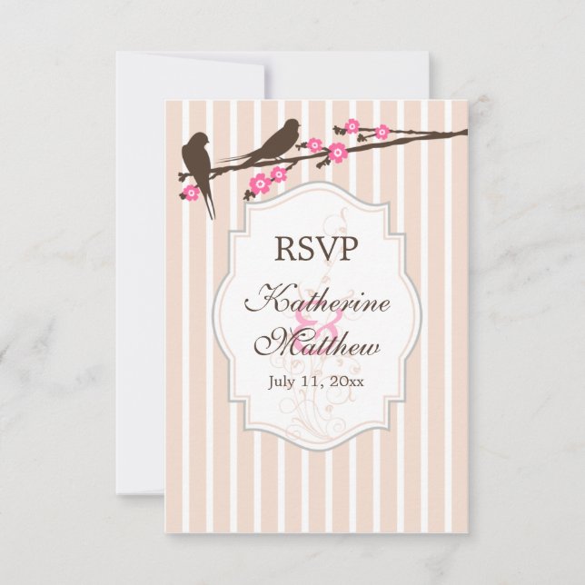 Fåglar på blommande Sakura RSVP / Svarskort Inbjudningar (Framsida)